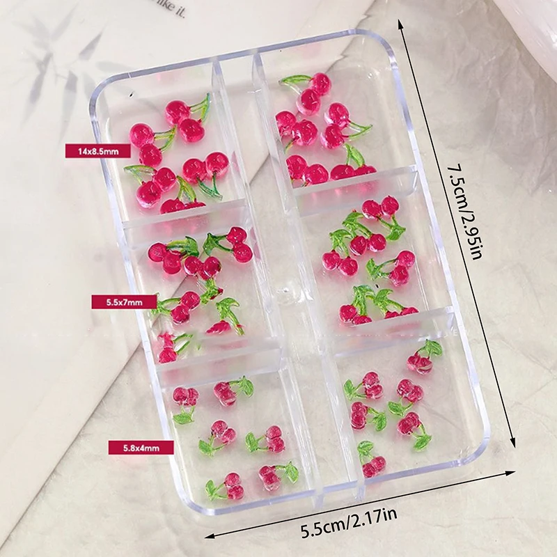 6/12Grids 3D Red Cherry Resin Nail Art Charms Fruits Crystal Rhinestone DIY Manicure Diamonds Nail Art Decals Decoration
