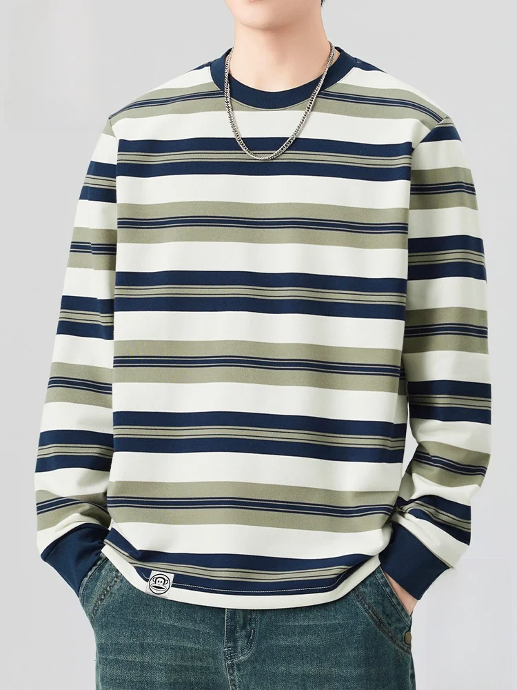 

Large Mouth Monkey Stripe Long Sve round Ne T-irt Men's Loose Fit Casual Base irt Autumn Season Color Blo