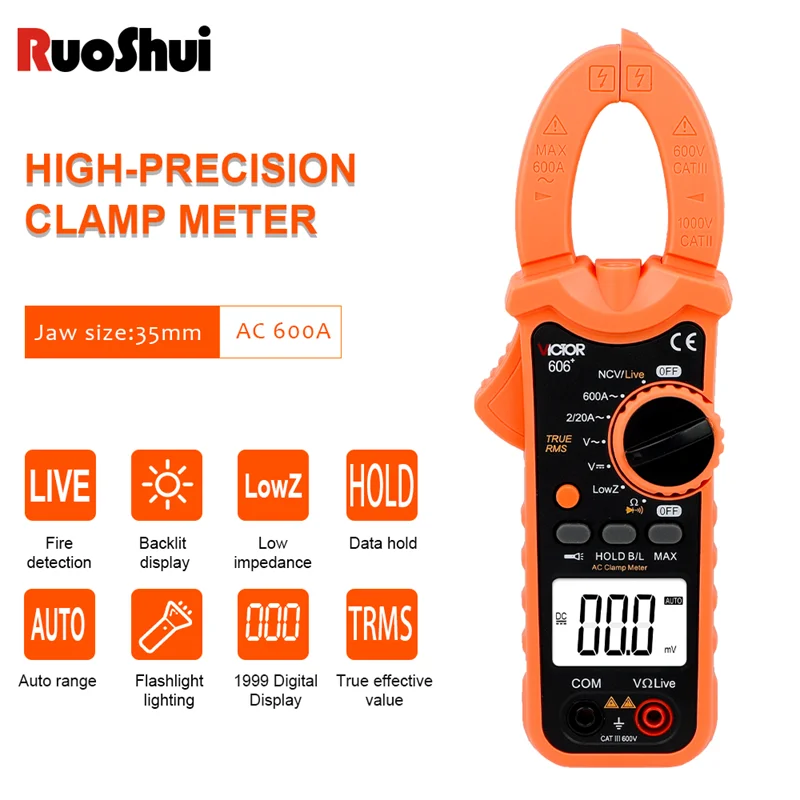 RUOSHUI 606+ Digital Clamp Meter TRUE RMS DC/AC Multimeter Ammeter Voltage Tester Car Hz Capacitance NCV Ohm Pinza Amperimetrica