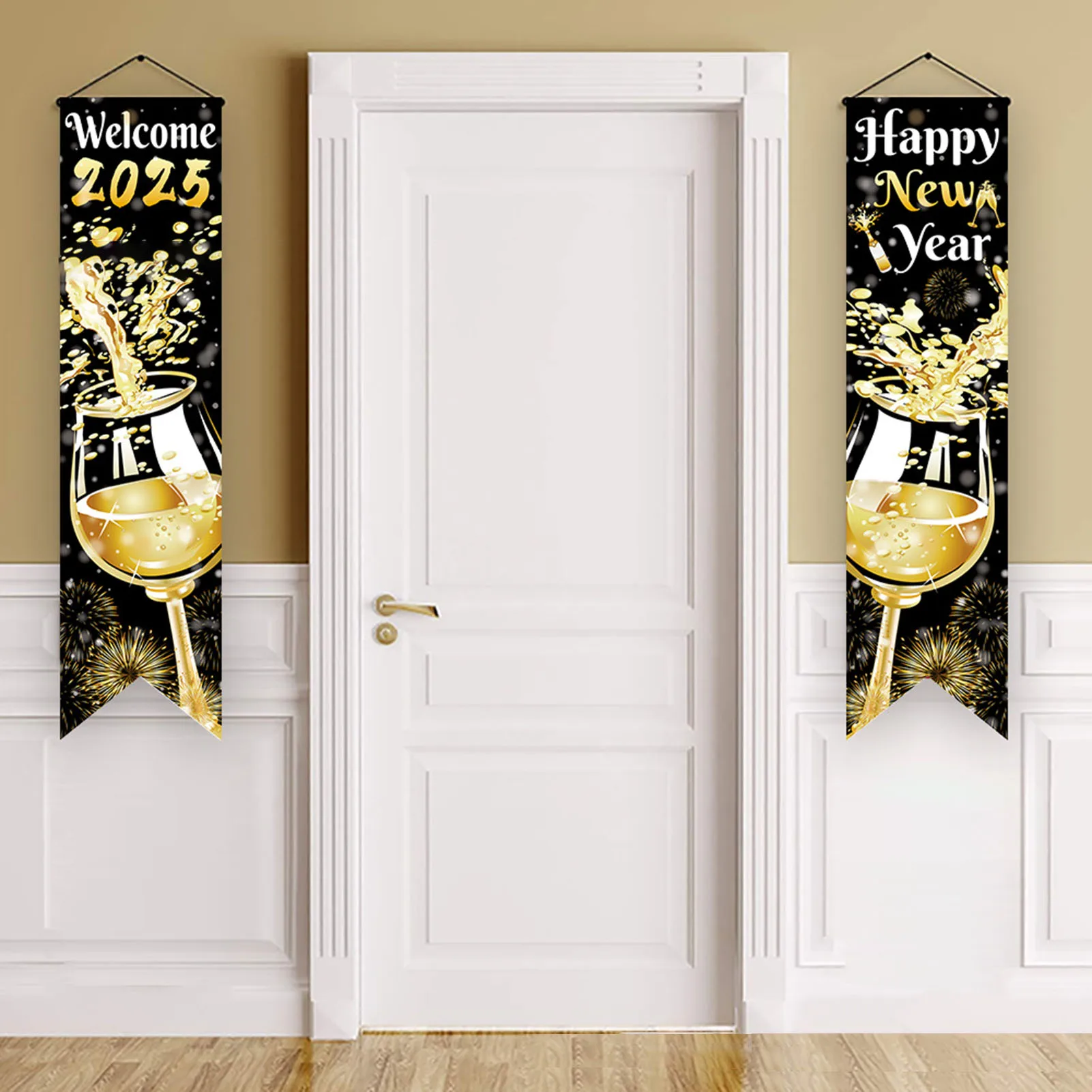 Happy New Year Hanging Banner Black and Gold Decorations Eve Party Supplies Suitable for Front Door Garage