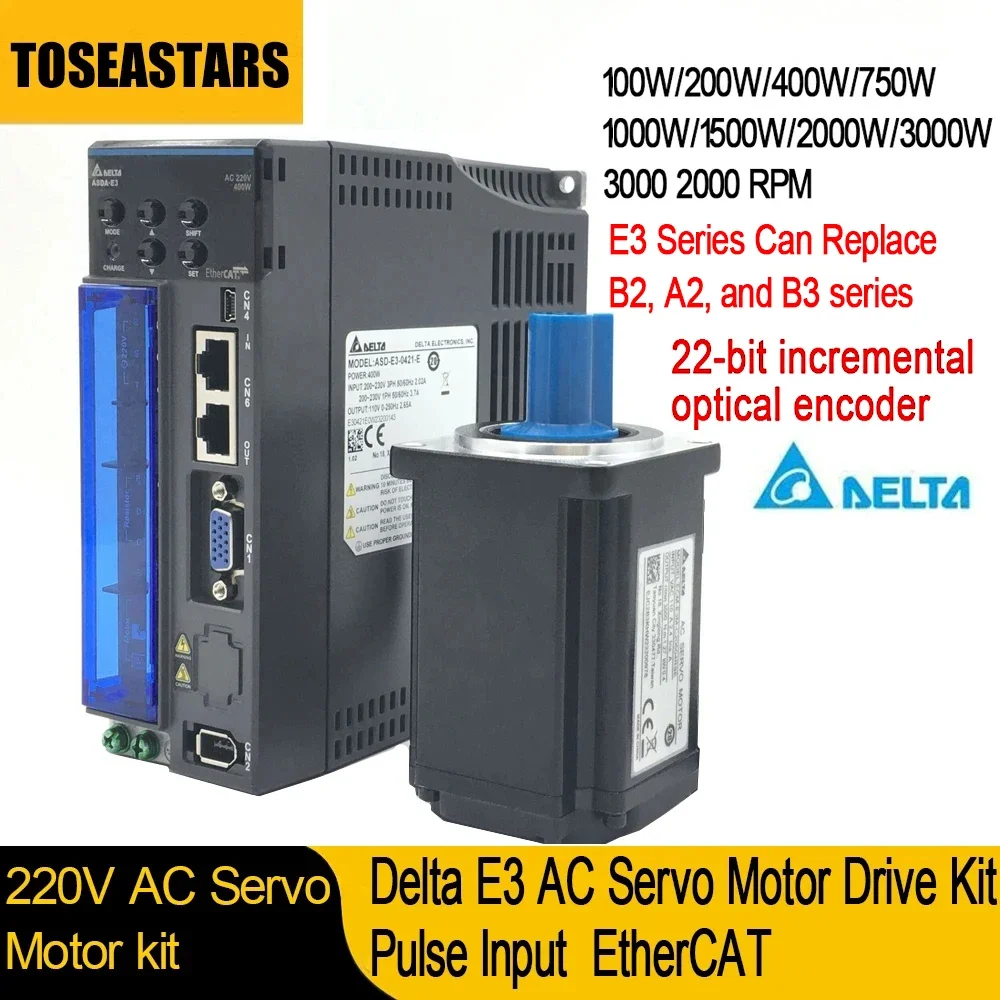 Delta E3 Series 220V AC Servo Motor Kit AC Servo Kit  400W 750W 40-180mm Flange 24bit incremental encoder Pulse Input EtherCAT