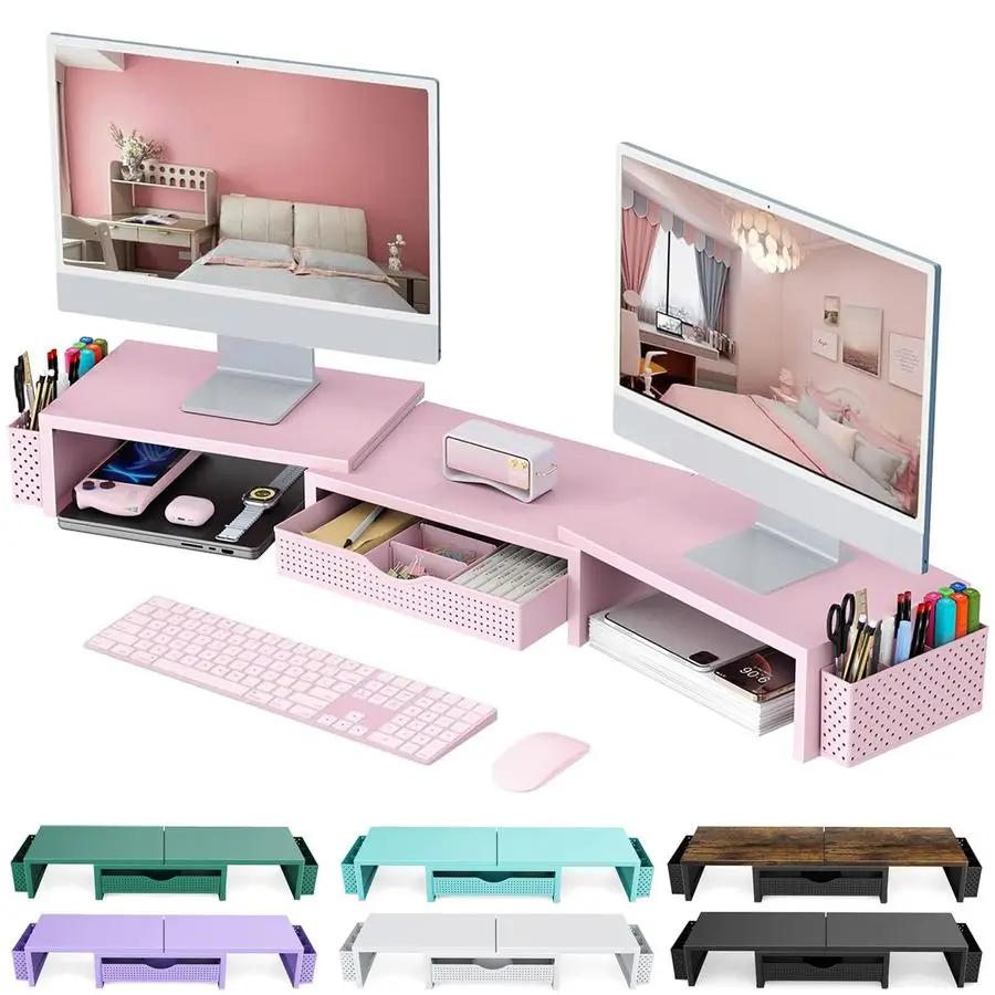 

Dual Monitor Stand Riser, Desk Organizer With Drawer and 2 Pen Holders,Desk Organizers and Accessories, Pink Office Supplies Pin