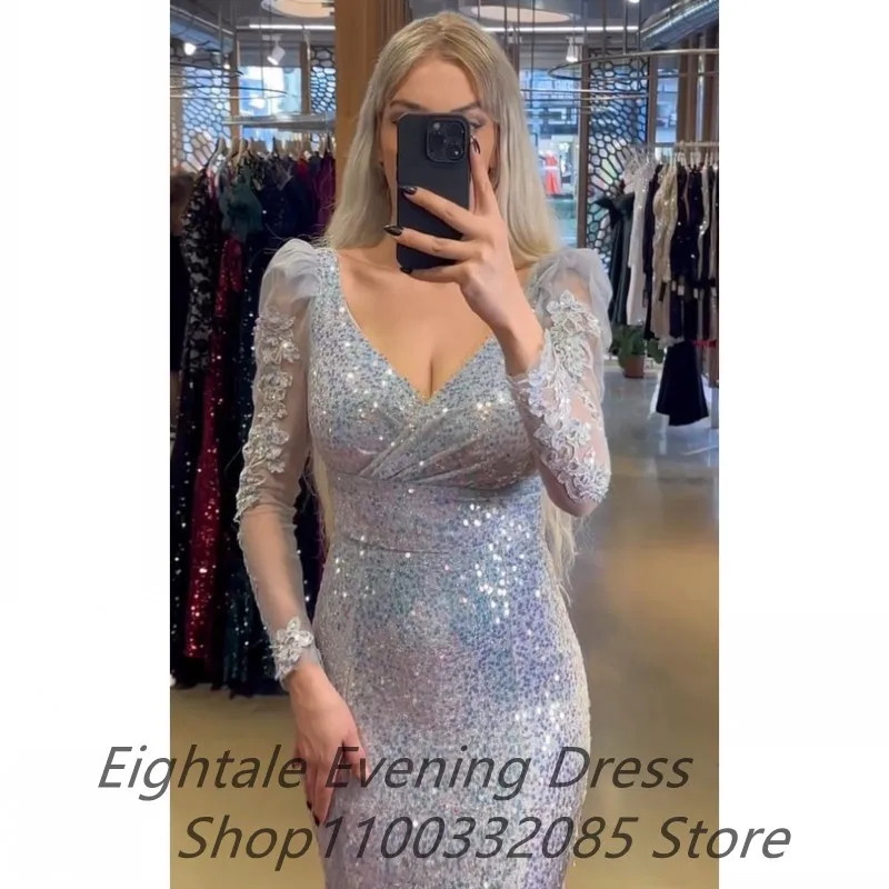 Customized Silver Shinning Sequins Mermaid Long Sleeve Prom Dress V Neck Evening Dress Women Formal Party Gown Robes De Soirée