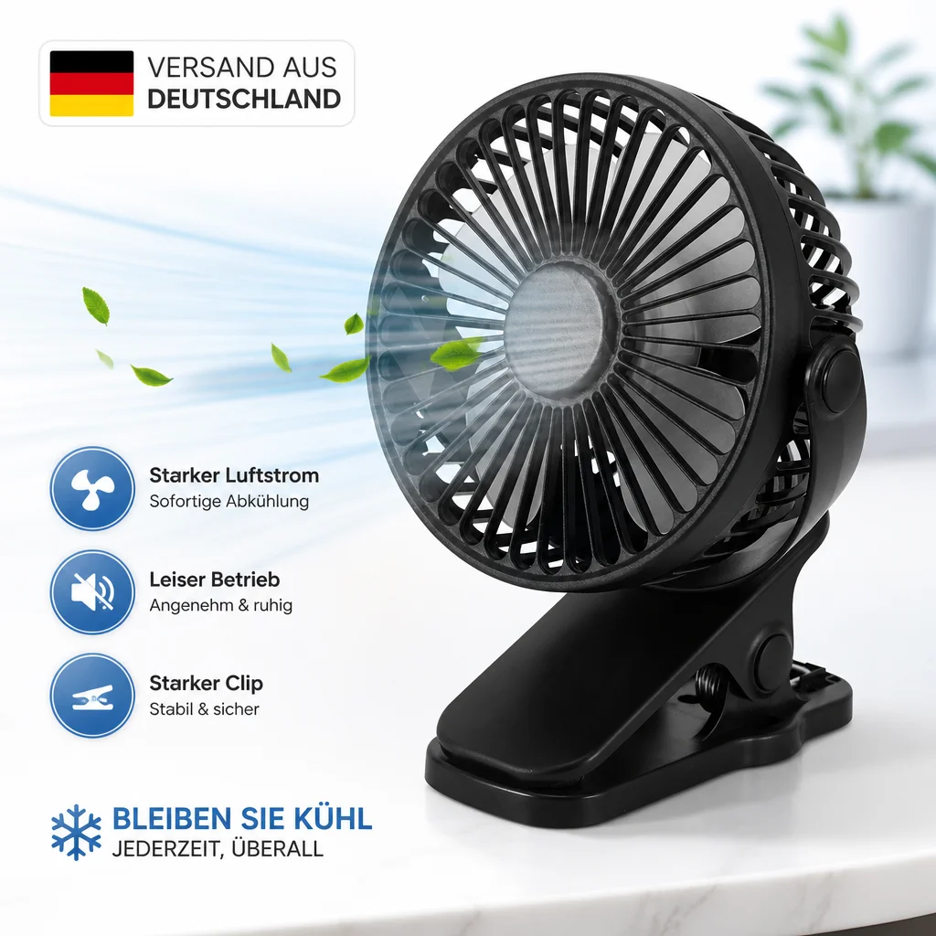 Tragbarer elektrischer Clip-Ventilator, 360° °   Drehbarer batteriebetriebener Kinderwagen-Ventilator, leiser Mini-Tischventilator mit 3 Geschwindigkeiten, wiederaufladbarer USB-Kleinkühlventilator
