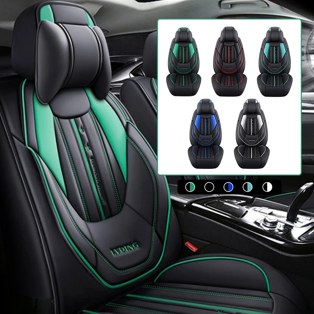 Car Seat Covers Front 2 Seats Covers With Headrest And Lumbar PU Leather Hatchback  Pickup Seat Protector Black Green