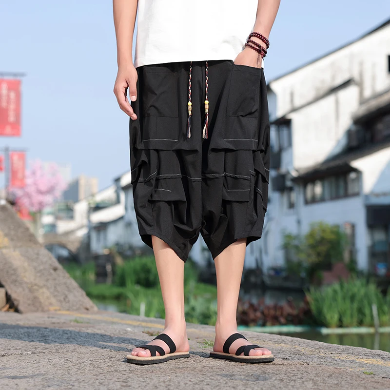 Japanese Samurai Shorts Mens Summer Ice Silk Thin Large Pocket Harem Wide Leg Pants Men\'s Haori Loose Hip Hop Trousers Plus Size