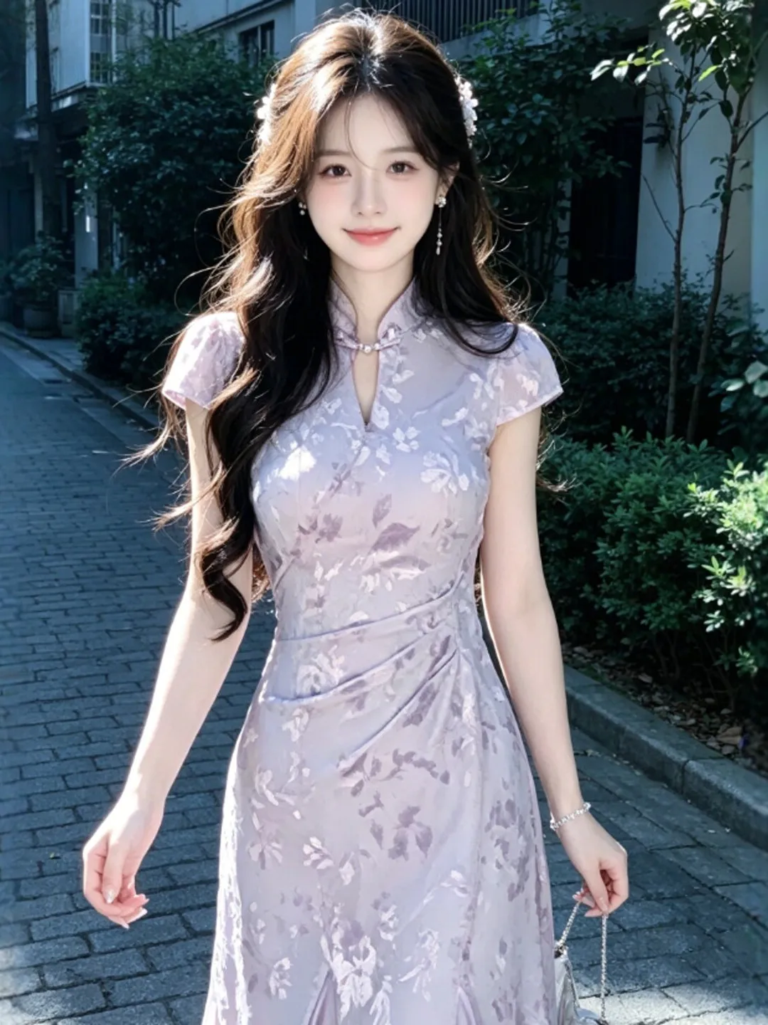 

Elegant Purple Hollow out Slimming Qipao Dress Chinese Style Gentle Wind New Fashion Summer 2026 Women's Short Sleeve Dress