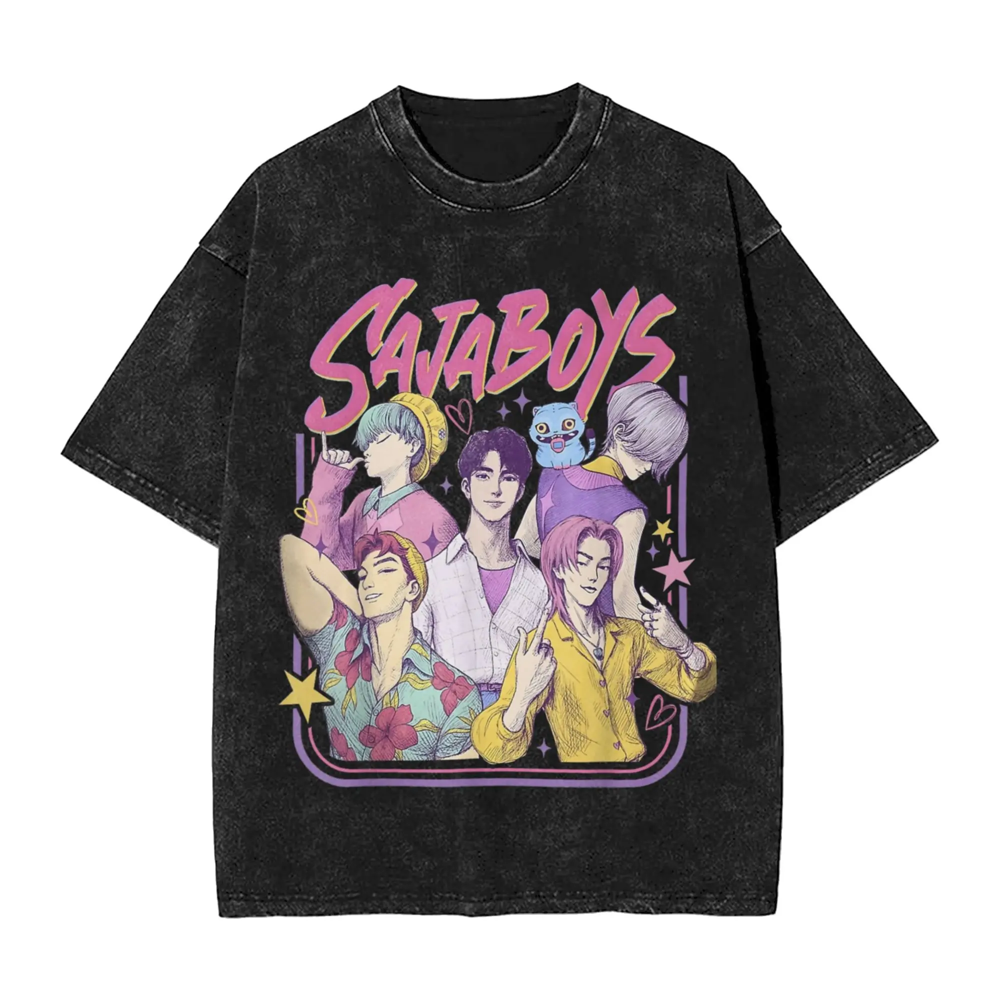 Saja Boys Kpop شيطان الصيادين الجرافيك تي شيرت Harajuku طباعة خمر غسلها تي شيرت الرجال النساء المتضخم القطن قصير الأكمام تيز