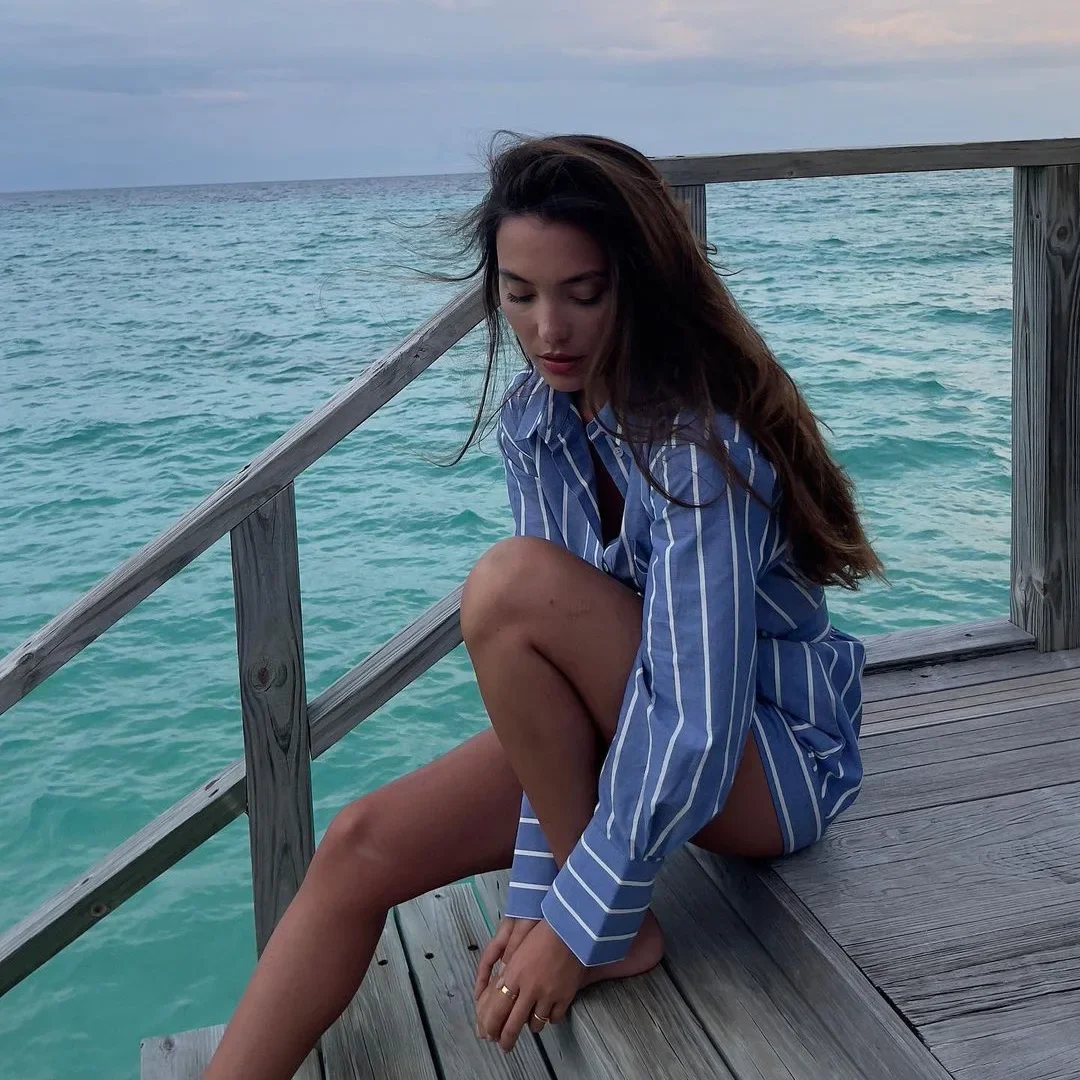 Conjunto de pantalones cortos a rayas para mujer, Camisa larga de algodón con cuello vuelto y botones, ropa informal de verano, 2 piezas