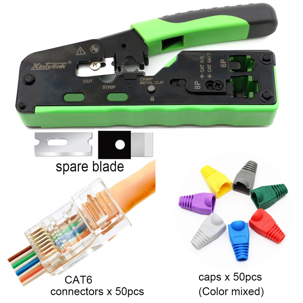 UTP 50set CAT6 connector caps+CAT5 CAT5E CAT6A CAT7 CAT8 Crimping Pliers rj45 crimper network tool stripper ethernet cable kit