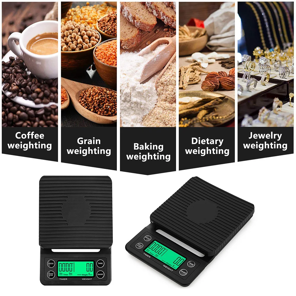 Bilancia per caffè di precisione nera da 1 pz bilancia elettronica LCD da 3kg/0.1g con Timer bilancia da cucina digitale ad alta precisione