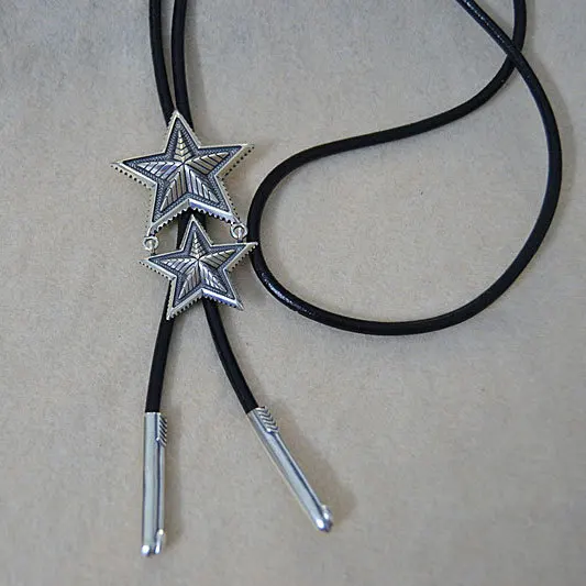 European and American hip-hop trend pentagram pendant black leather rope necklace long men's pure silver star sweater chain wome