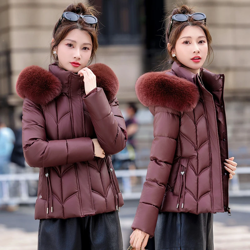 

Short Parka Coats Big Fur Collar Short Women's Cotton Padded Jackets New Winter Slim Stand Collar Hooded Commute Student Clothes
