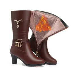 Women Comfortable Medium Boots Winter New Thick Heel Side Zipper Pointed Plush Warm Snow Boots Fashion Mid-calf High Heels Boots
