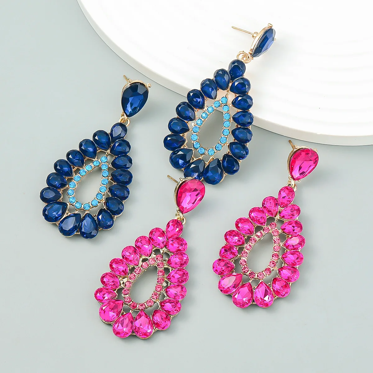 Water Drop Statement Zircons Long Drop Women Fuchsia Earrings