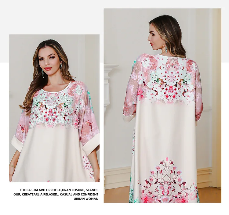 Verão novo vestido muçulmano impresso festa médio oriente vestido longo abaya strass impresso robe