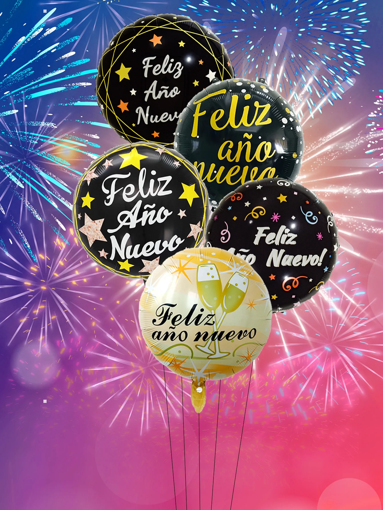 5pcs 18inch Spanish Happy New Year Round Star Foil Balloons Spanish New Year Decorations Balloon 2025 New Year Party Decoration