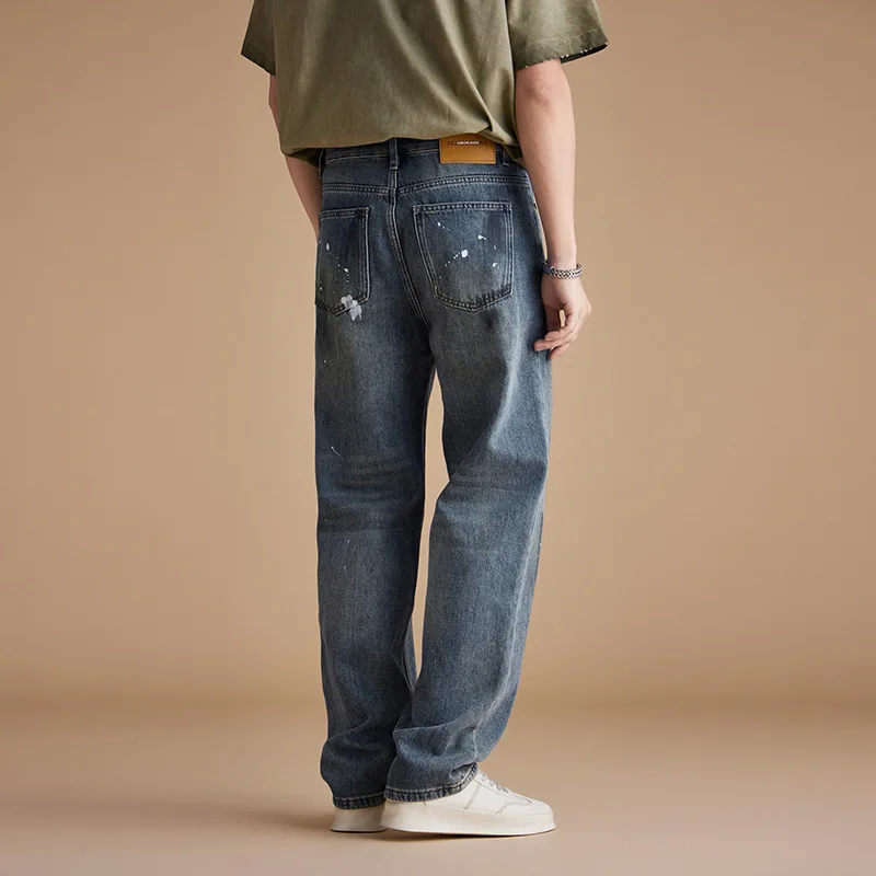 Men High Street Paint Dirty Denim Vintage Fashion Loose Casual Wide Leg Baggy Jeans Pants Cityboy Streetwear Y2k Trousers Man