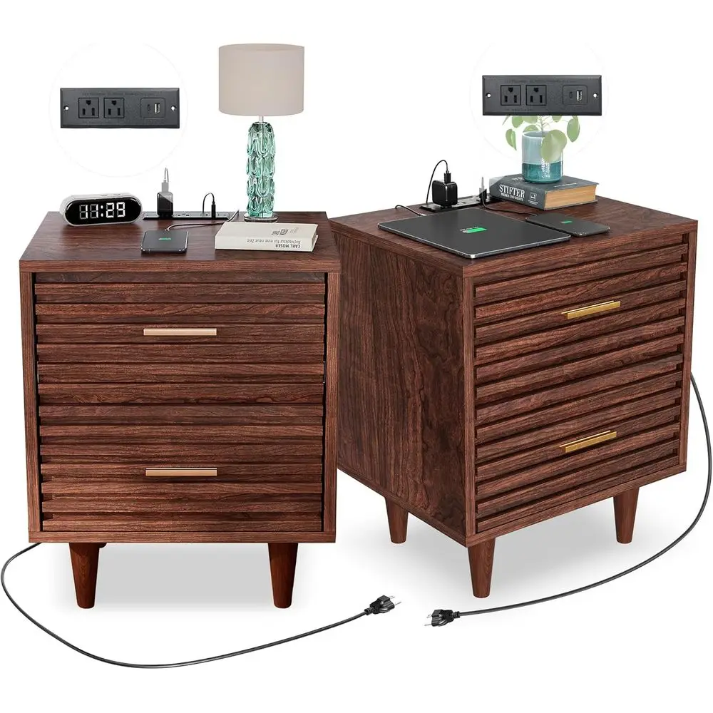 

2-Piece Brown Charging Station Nightstand Set with Side Table and Storage End Table