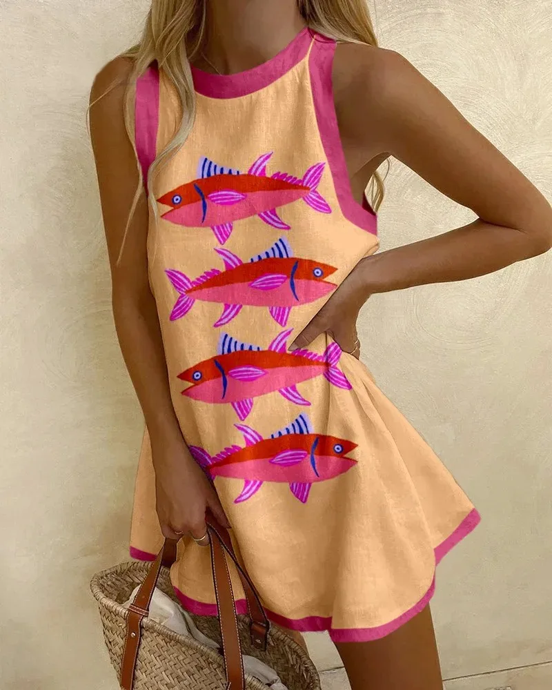 KIDCRKJ Damen Bohemian Ärmelloses Sommerkleid mit Aufdruck, lässig, locker, O-Ausschnitt, Minikleid, Urlaub, Party, Strand, A-Linien-Rock, Vestidos – Detail 22