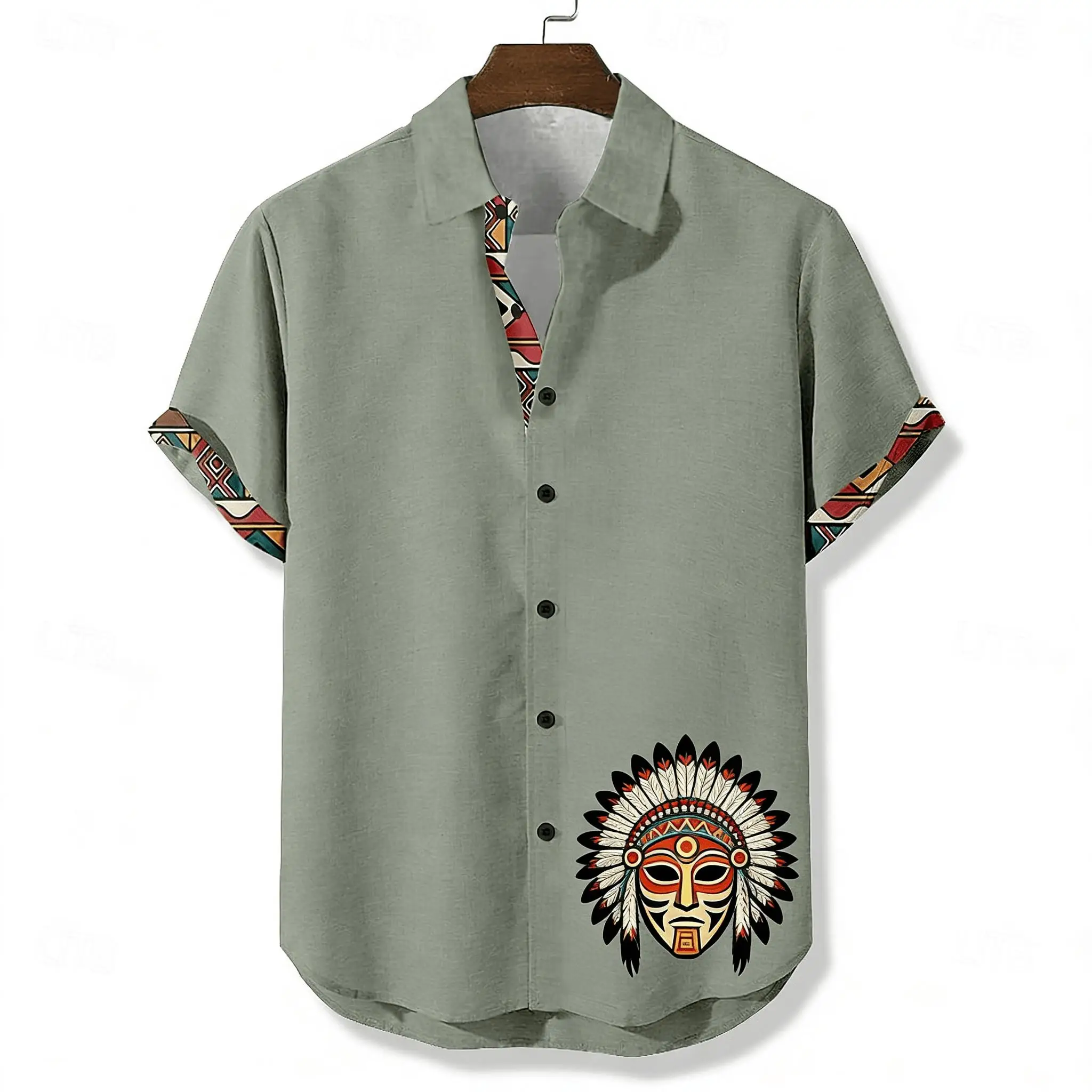 

en's Summer Casual Shirt, Indigenous Tribal Chief Mask, Turn-Down Collar Top for Ethnic & Western Vibe