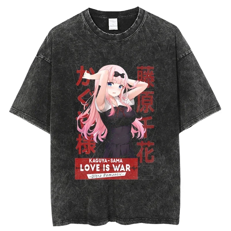 Oversized Streetwear Manga Short Sleeve Tops Tees Kaguya Love is War Harajuku Anime T-shirts Vintage Washed Graphic T-shirts