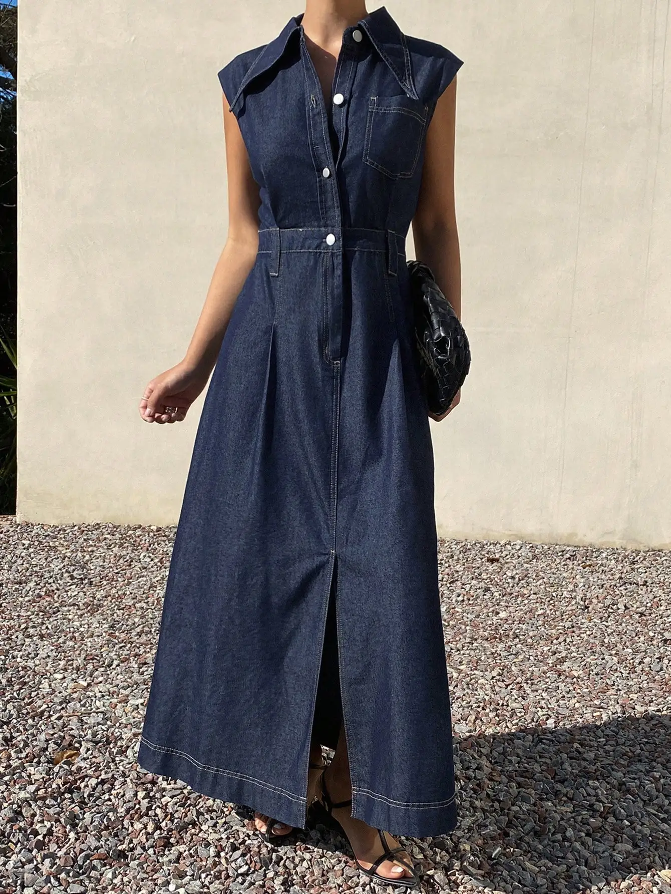 

Sleeveless Collared Waist Cinched Solid Denim Dress