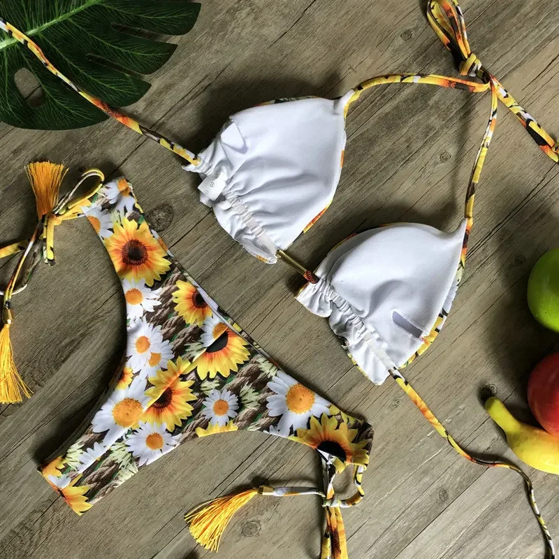 Seksowny kwiatowy Print strój kąpielowy 2 sztuk stroje kąpielowe Push Up Micro String Bikini zestaw wyściełane kobiety stringi brazylijskie stroje