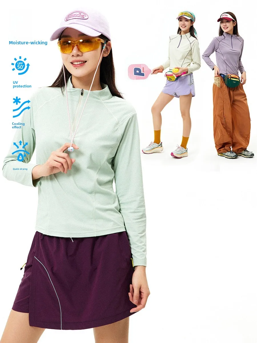 Women's Outdoor Adventure Long Sleeve T-Shirt Quick Dry Breathable Color Block Stand Collar Slim Fit Hiking Top Polyester Nylon