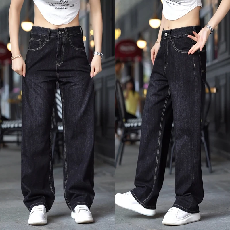 

Свободные прямые джинсы в стиле High Street для мужчин, черные повседневные брюки, осенне-зимняя новинка, износостойкие, из хлопка