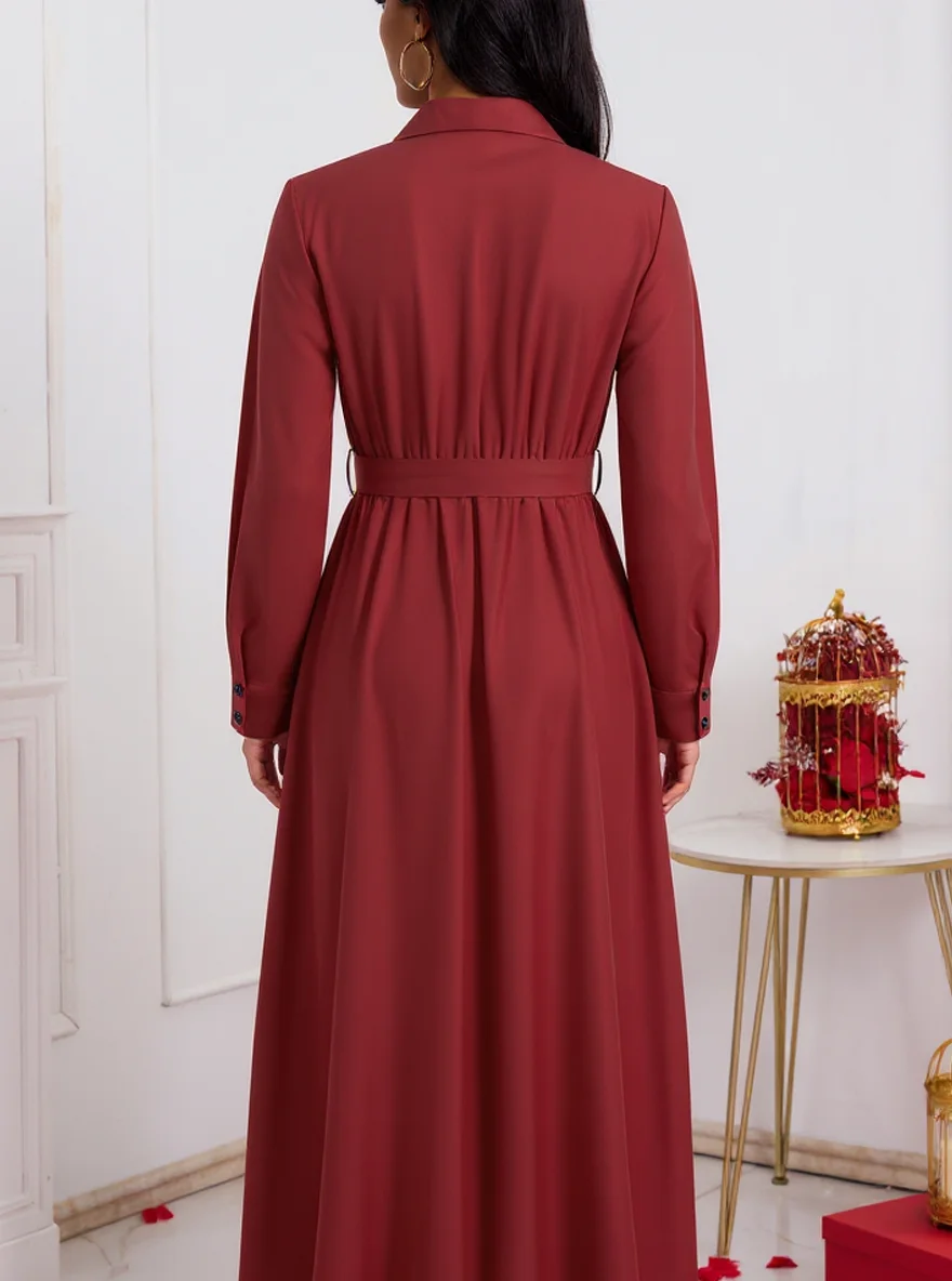 Dames lente herfst bordeaux blazer kraag lange mouw zelfbindende taille satijnen elegante maxi-jurk