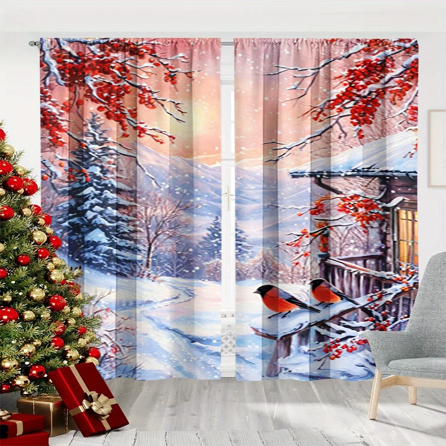 2PCS Christmas Winter Curtains, Watercolor Snow Cottage Berry Branch Bullfinch, Digital Print, Bedroom Living Room, Home Decor