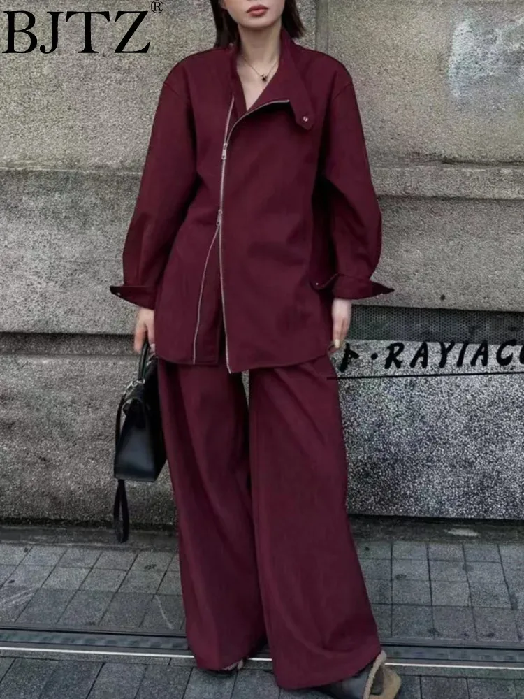 

BJTZ Design A Solid Color Zipper Long-sleeved Jacket + Long Wide-leg Pants Women 2025 New Fashion Temperament Simple