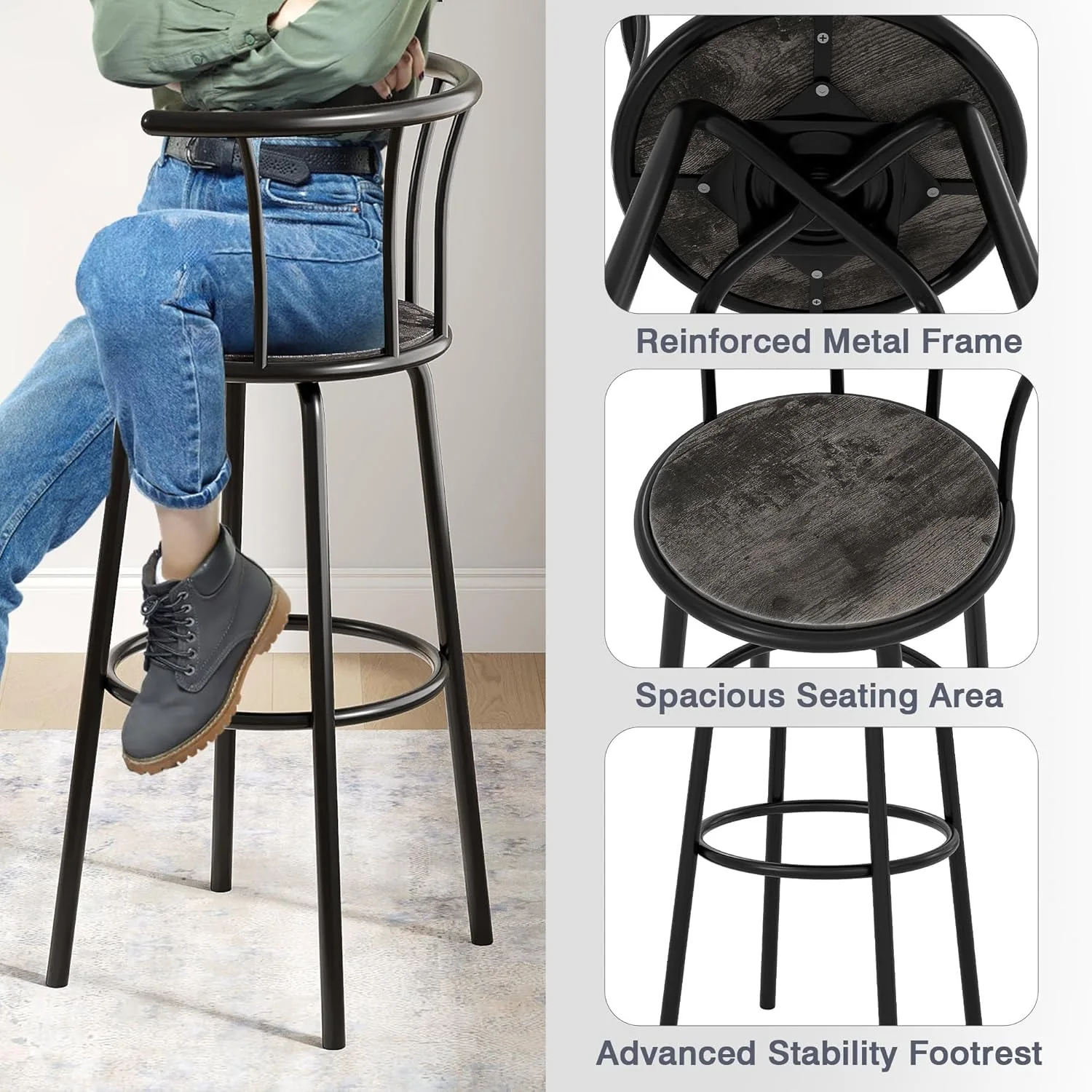 Juego de taburetes de bar de estilo industrial: 2 taburetes giratorios con altura de mostrador, sillas con respaldo vintage gris, fácil de montar para cafetería y bistró