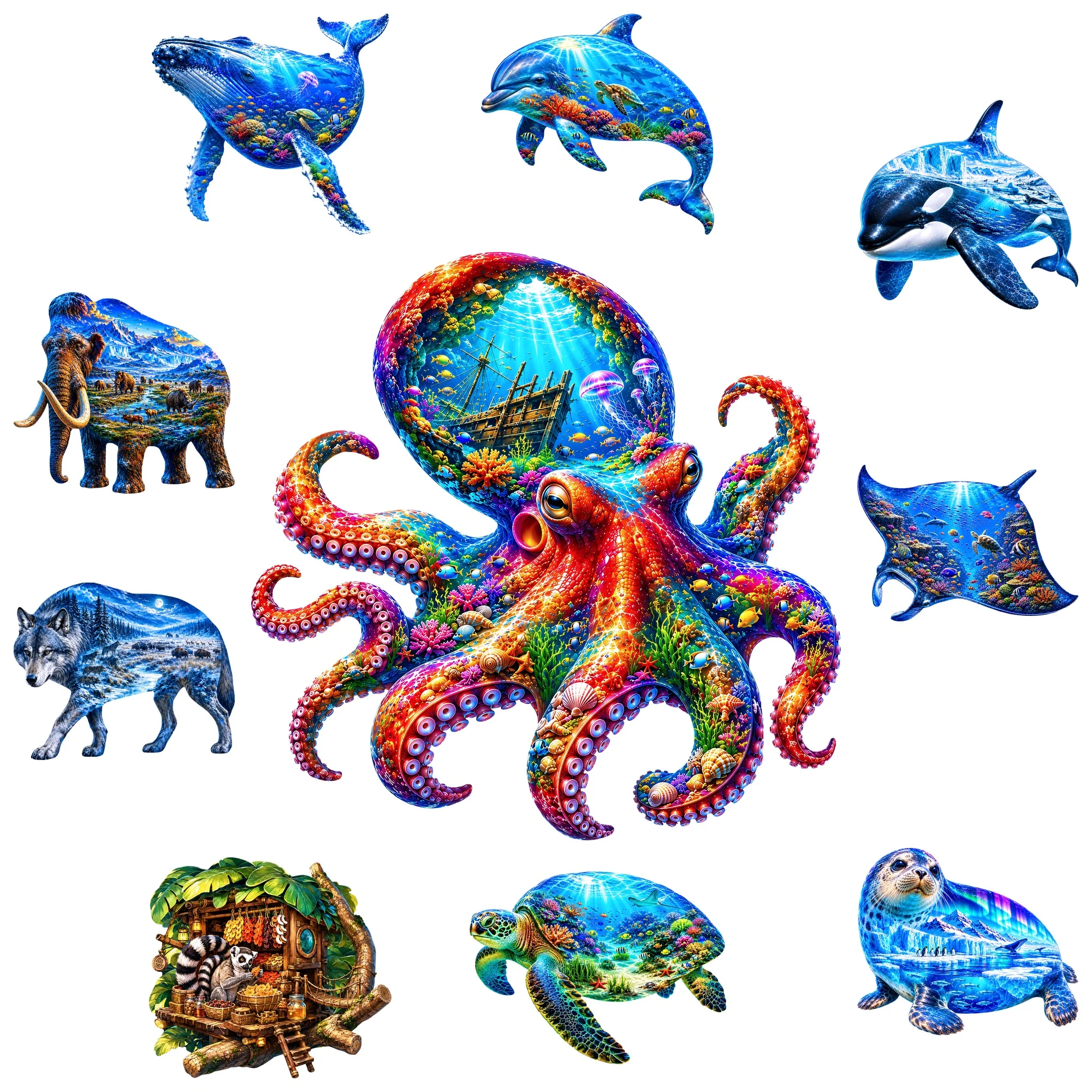 Octopus Flat Wooden Puzzle Puzzle Game Toy Animal Jigsaw Puzzle Unique Gift for Any Occasion Idear Gift for Kids Teens