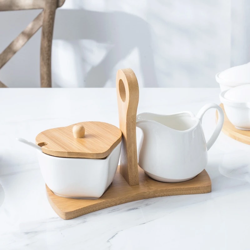 Heart-shaped Pure White Ceramic Sugar Bowl Milk Jug Set with Bamboo Handle Milk Cup Milk Jug PourerPitcher JugPottery Coffee