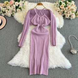 YuooMuoo Women Two Piece Dress Sets Chic Fashion Sexy Package Hips Long Dress and Long Sleeve Knitted Cardigans Streewear Autumn