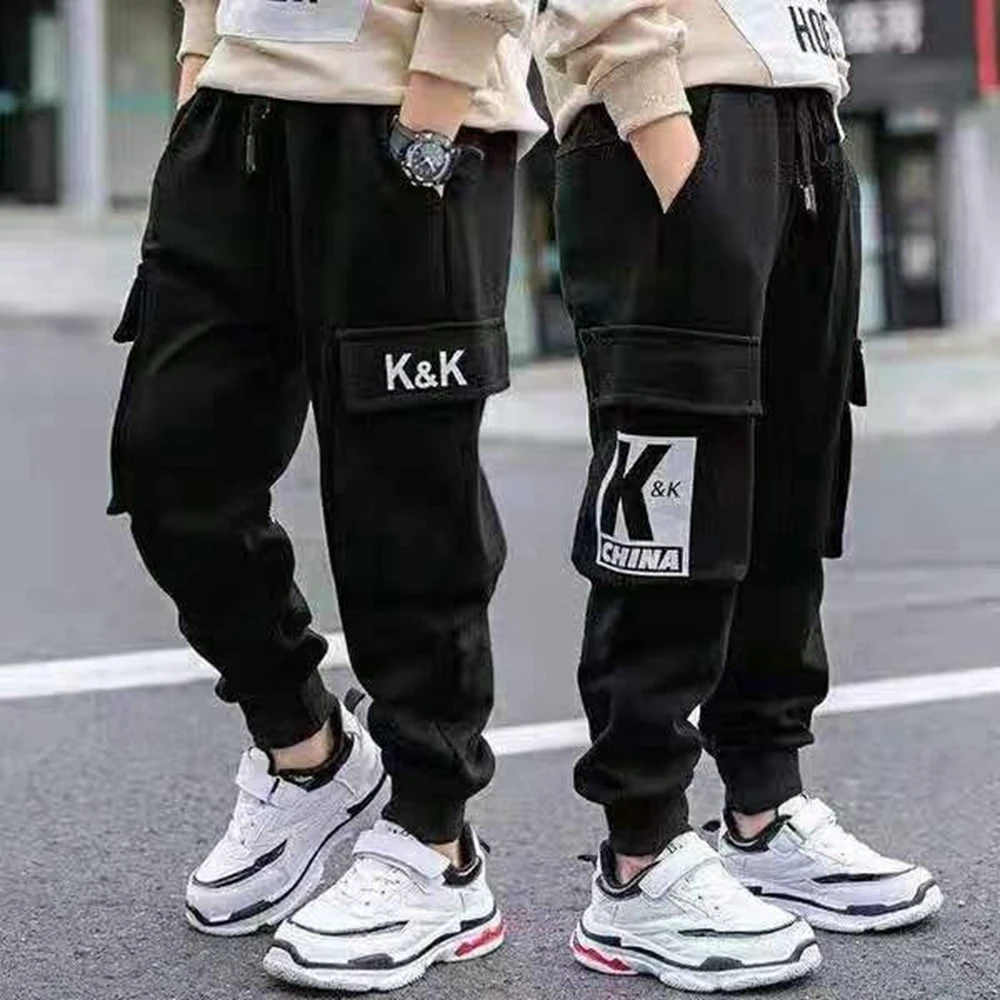 Boys Pants Boy Letter Print Cotton Sweatpants Casual Korean Cargo Pants Fashion Teenage Kids Sport Multi-pocket Pants 4-14 Years