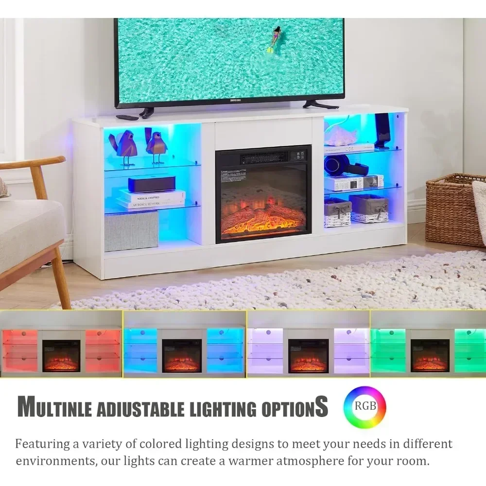 Fireplace TV cabinet with LED lights, modern TV console with electric fireplace in living room bedroom, for TVs up to 65