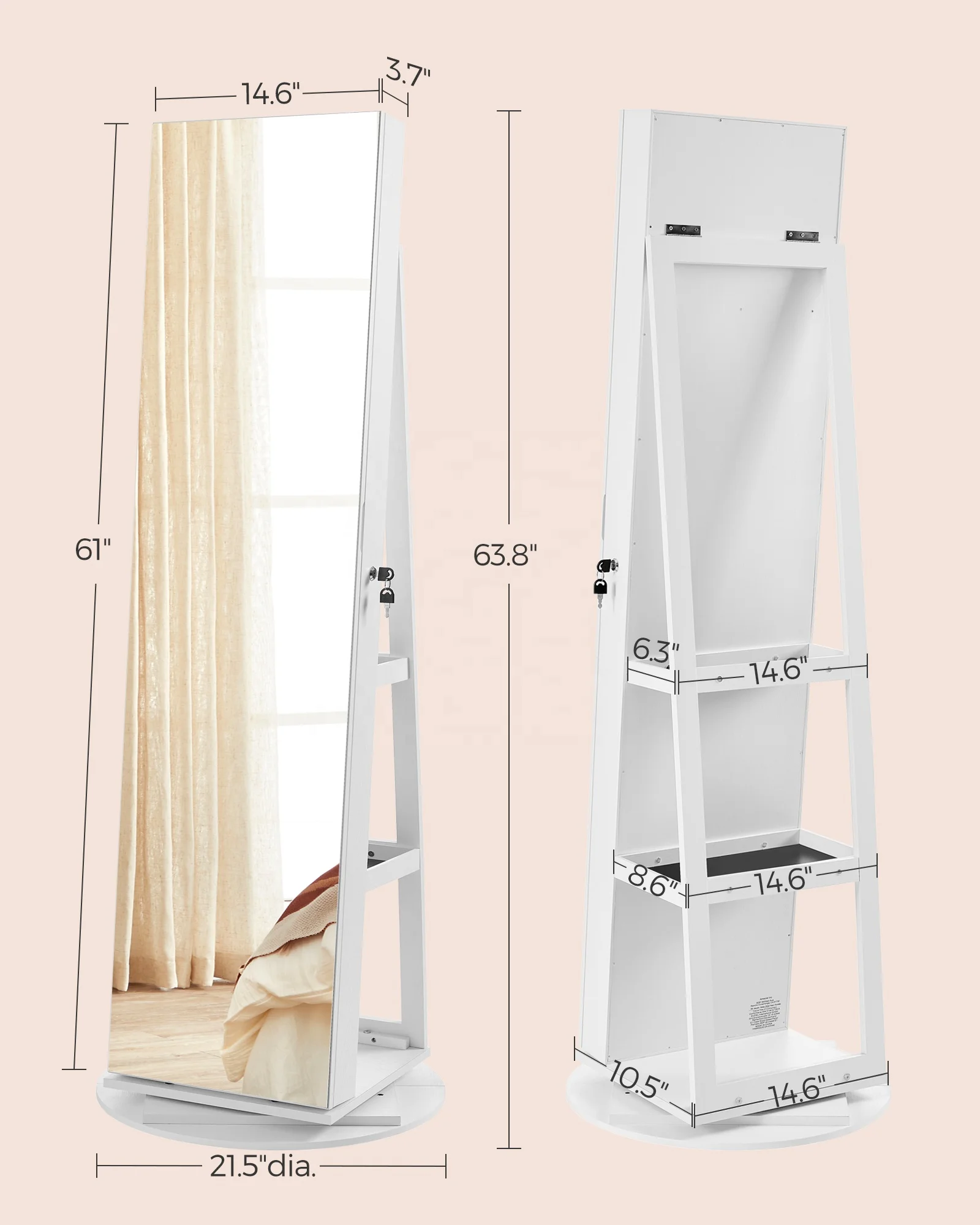 Standing Wooden Mirror Jewelry Cabinet with Storage Rack Wardrobe with 360 Degree Rotatable Mirror