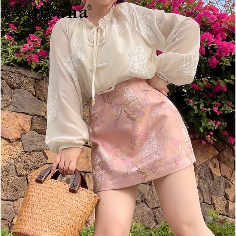 

Large Size Spring Autumn Women New Chinese Exquisite Embroidered High Waist Korean Skirt Fashion Age-reducing Sweet Pink Skirts