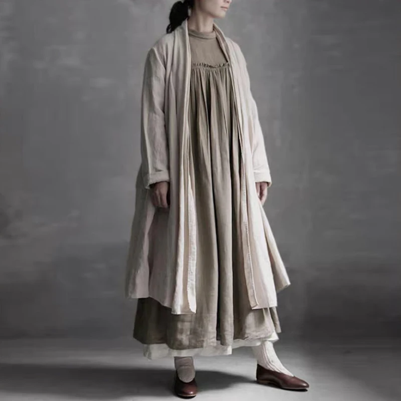 Johnature Japanese Doll Lapel Fungus Long-sleeved Dress Women Spring Autumn New Linen Solid Color Vintage Render Female Dresses