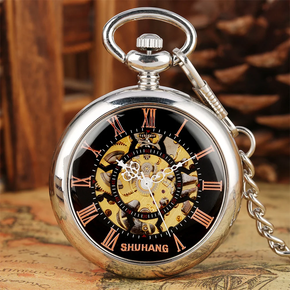 

Open Face Rose Gold Roman Numerals Display Mechanical Hand Winding Pocket Watch Men Gift Silver Fob Chain Vintage Pocket Clock