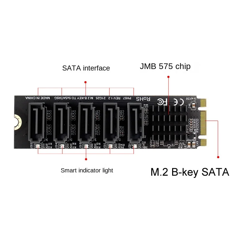 

M.2 NGFF B-Key SATA To 5-Port SATA 3.0 6Gbps Hard Disk Expansion Card Extended Adapter SATA3 JM575 Master Control Add On Cards