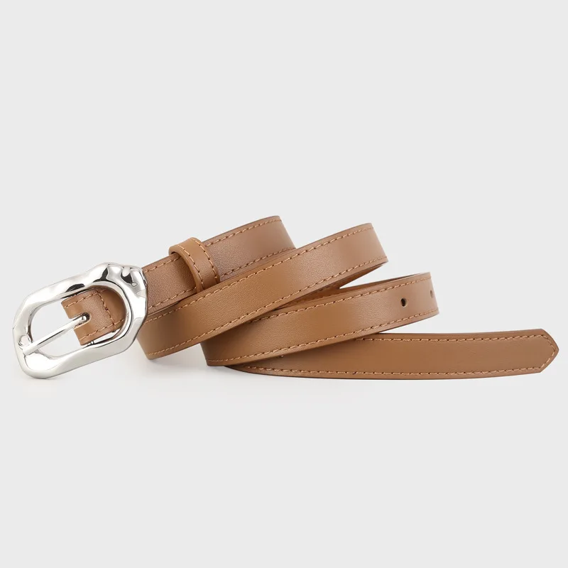 Slim Waistbands Full Grain Genuine Cow Leather Brown Coffee Jeans Belts Strap Silver Irregular Metal Buckle Cowhide Waist Belts