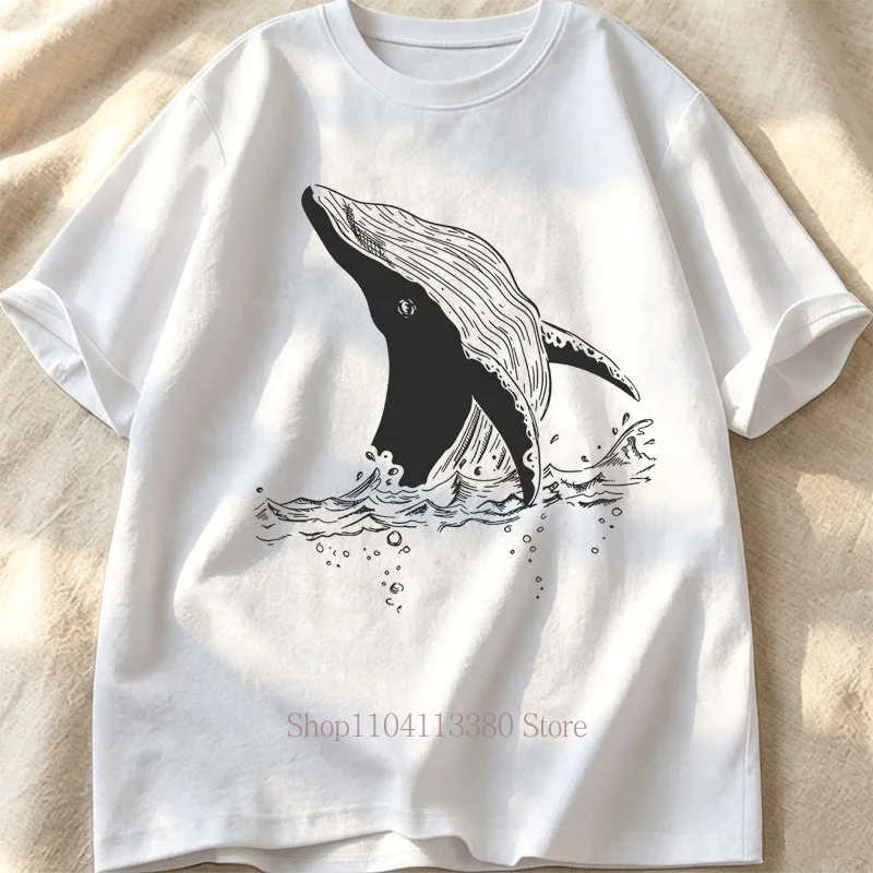 Whale Drawing Pattern Print T-shirts for Women Men Summer Casual Fashion Harajuku Tops Comfort Crew Neck Short Sleeve Tees