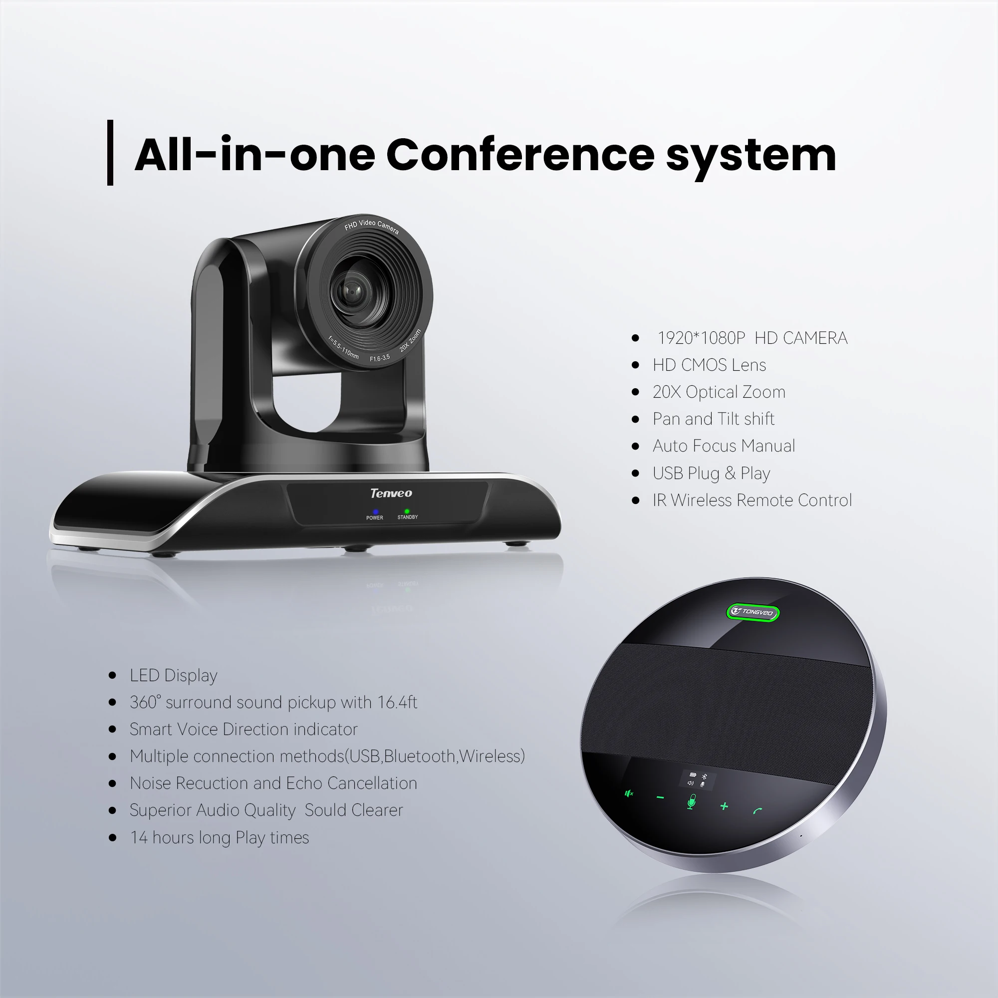 Tongveo Group 20X Optical Zoom Video Conferencing System with Wireless Bluetooth Speakerphone