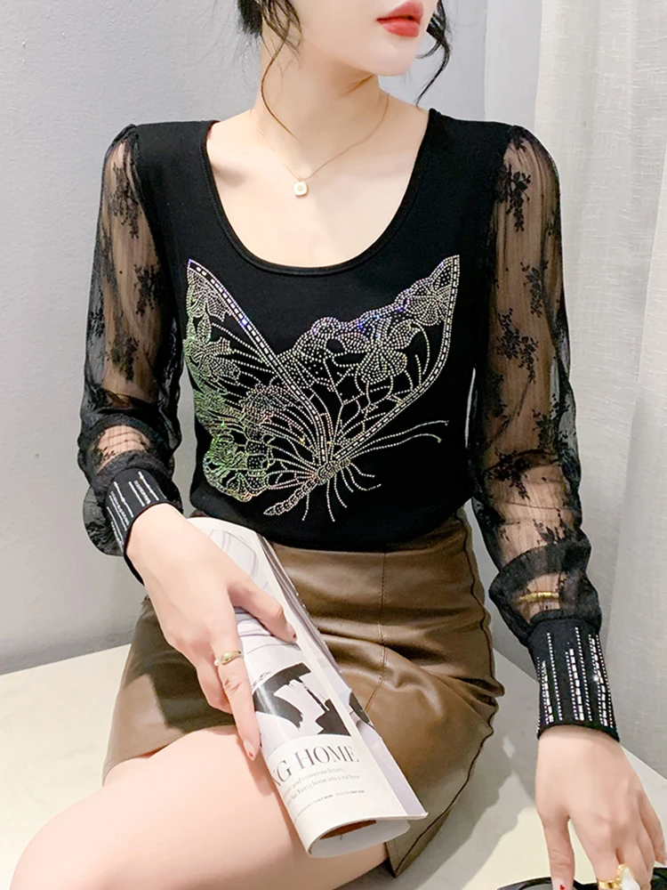 2024 Autumn New European Butterfly Hot Diamond Slimming Bottom Shirt Lace Long Sleeve Vintage Women\'s T-Shirt