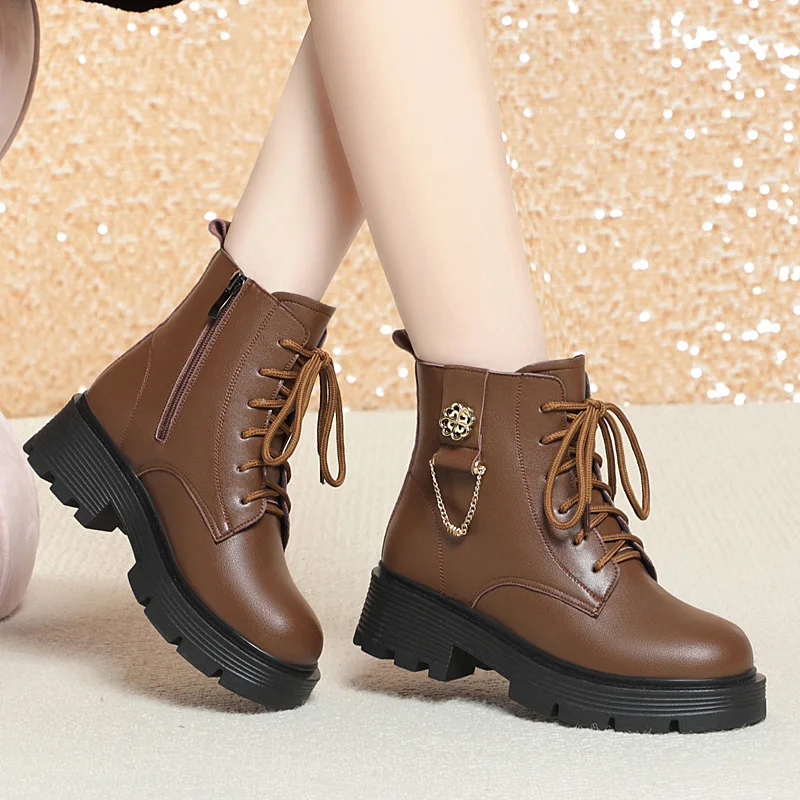 Damskie zimowe buty ocieplane polarem, średni obcas, duże botki bawełniane, gumowa podeszwa, ciepłe oksfordki dla kobiet.