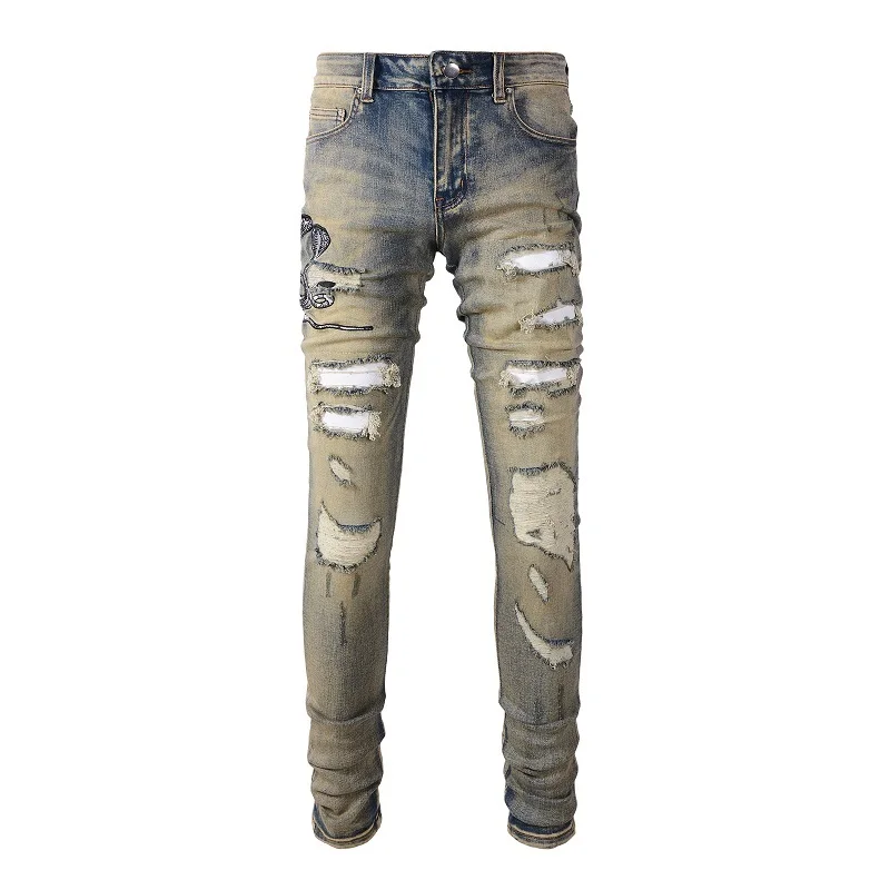 Men Snake Embroidery Denim Jeans Vintage Blue Snakeskin Leather Patch Stretch Pants Skinny Tapered Trousers